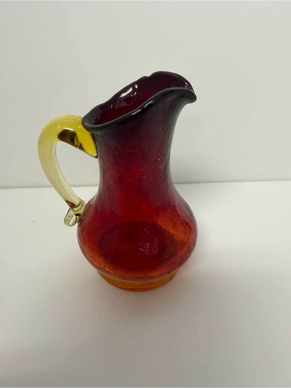 Mini Amberina Crackle glass pitcher - GLOWS! 3.5”